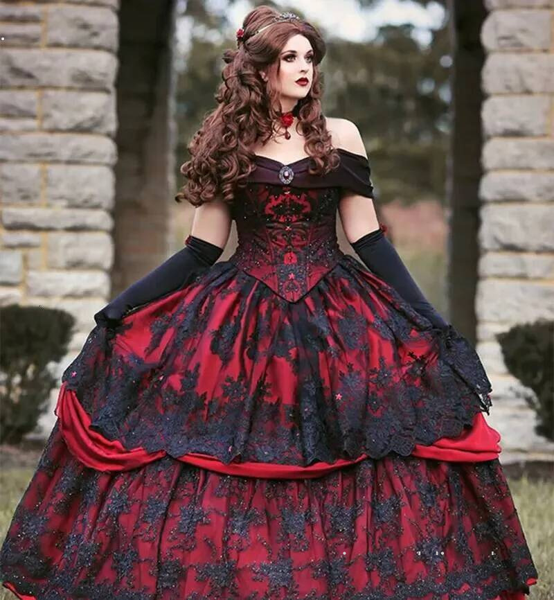 Gothic Belle Red And Black Ball Gown Wedding Dresses Vintage Corset Bridal Dress Lace up Strapless Tiered Beauty Off Shoulder Plus Size Bride Formal