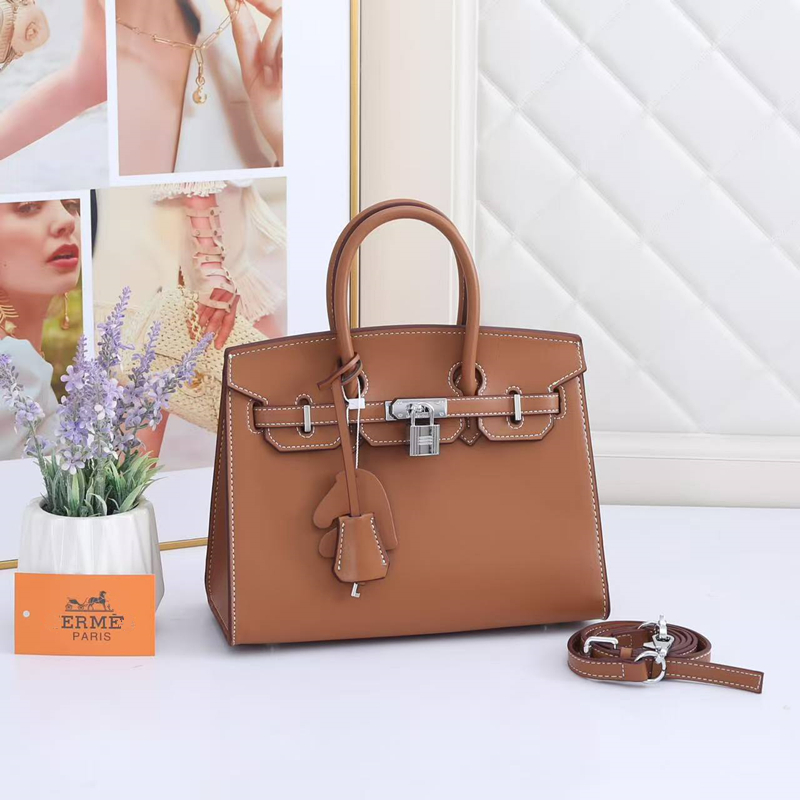 Birkinities Bag 25 Classic Top Handle Satchel Smooth Leather Silver Hardware Detachable Shoulder Strap Brown Luxury Designer Women Crossbody Tote Pu