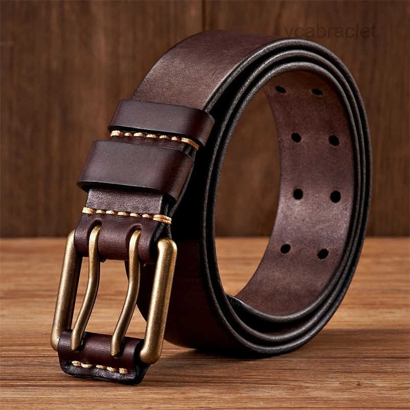 Mens 3.8cm Wide Vintage Belt Cowhide Genuine Leather Belt Copper Double Needle Buckle Handmade Jeans Belt Fashion Male Strap 250327bj