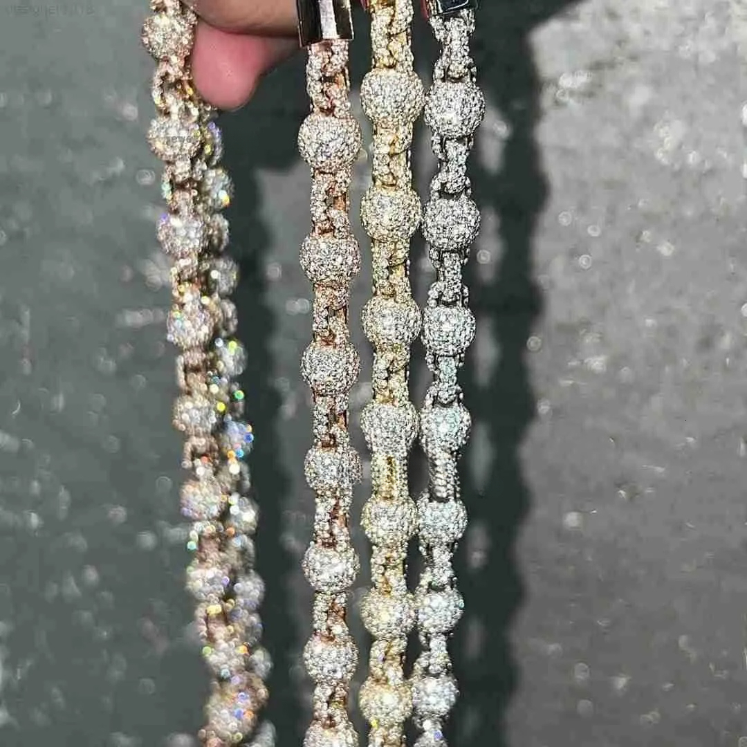 Hip Hop Round Bead 3d Design Chains Men Necklace Moissanite Diamond Vvs Hand Setting 925 Sterling Silver