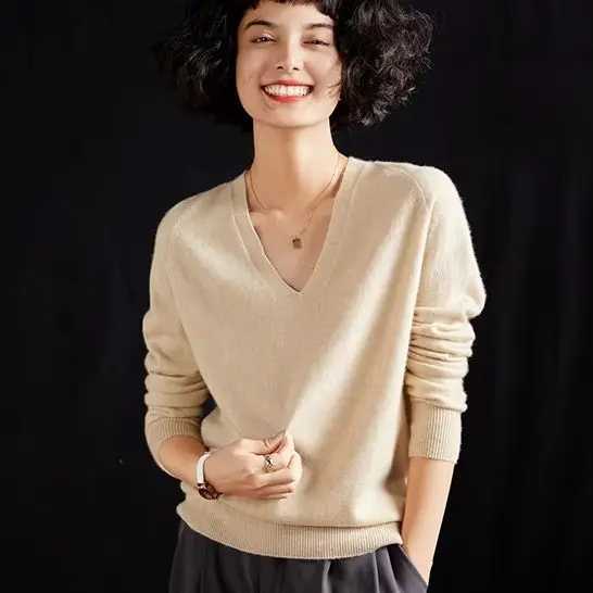 Pure Women's Cashmere 100% Pullover V-Neck Sweater Loose Casual Knitted Top Autumn/Winter Solid Basic Versatile Blouse J260916