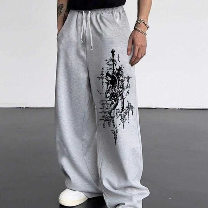 Style Trendy American Men's Y2K Dark Gothic Print Men's Casual Sports Straight Leg Pants Y2K UnisexT260917
