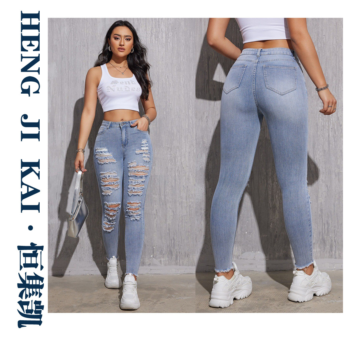 TEMU cross-border best-selling item: European and American style, slim-fit, light blue, ripped jeans 04