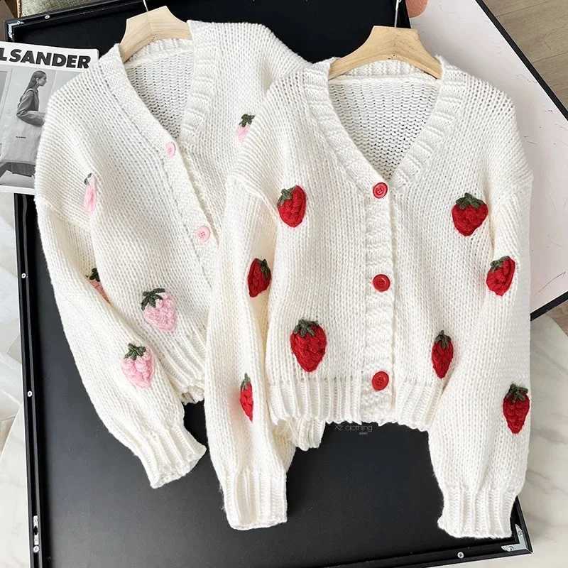 Sweet Strawberry Long Sleeve Loose Cardigans Women Spring Autumn 2026 V Neck Single Breasted Preppy Style Sweater Knitted Tops X260916