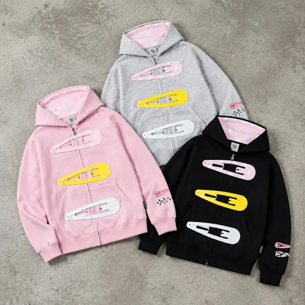 Harajuku Barrette Long Sleeve Cropped Sweatshirt Hooded Womens Oversized Zip Up Hoodie Colorful Giant Kawaii Hair Clip Jacket 260917