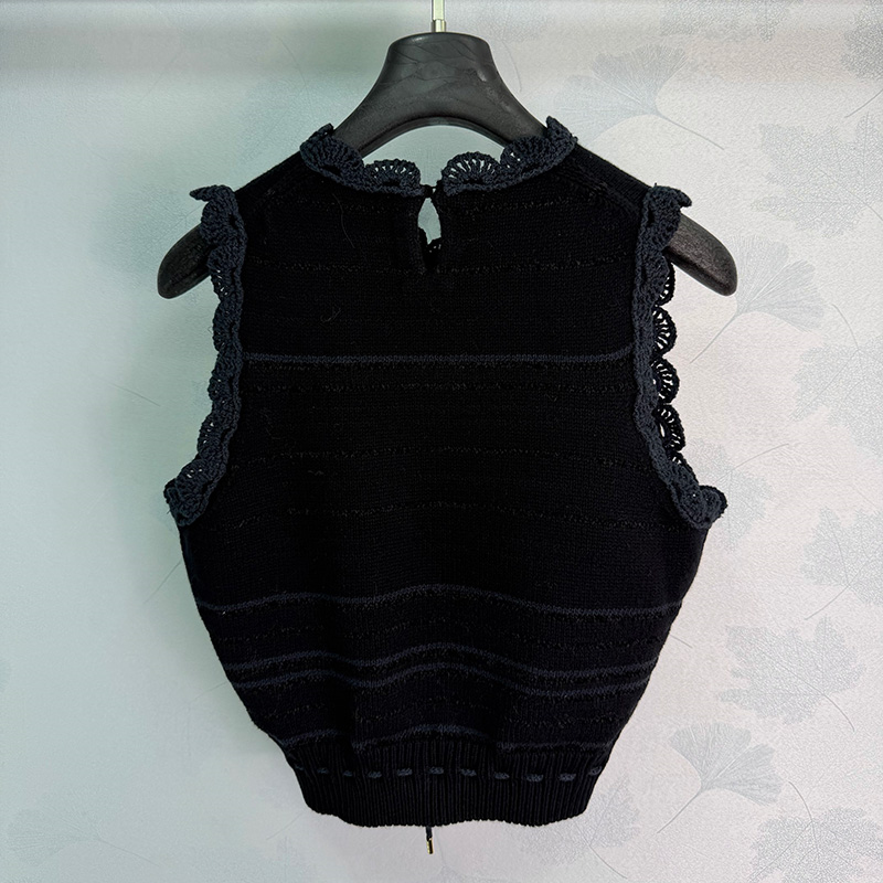 Sexy Lace Romance Sleeveless Waistcoat For Women Black Fitted Knitted Wool Cropped Vest Brand Layering Bandage Elastic Mini Singlet