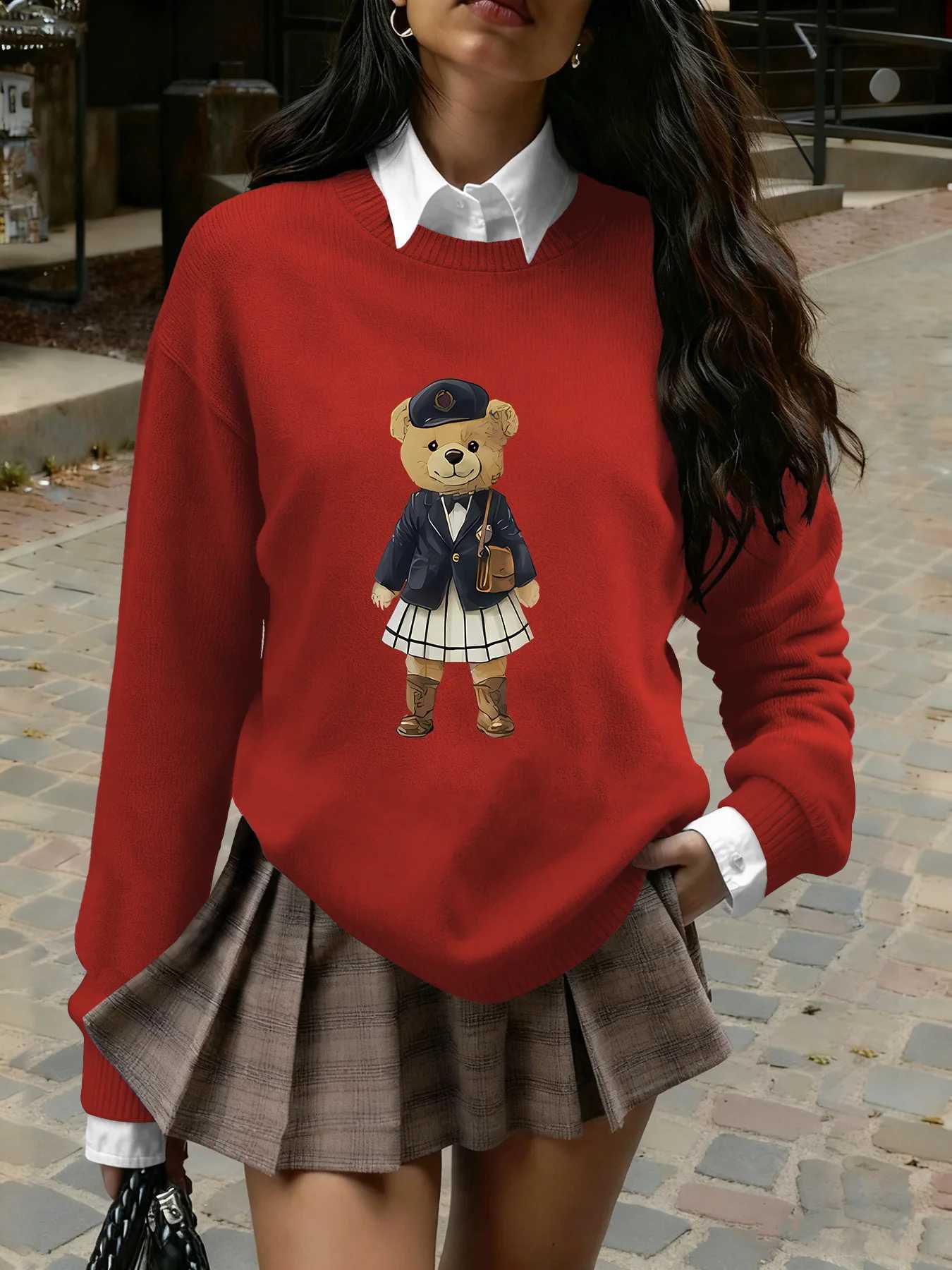 Women's Preppy Teddy Bear Print Sweater Crew Neck Knit Pullover for Fall Winter (Only the Top Is Sold Separately) X260916