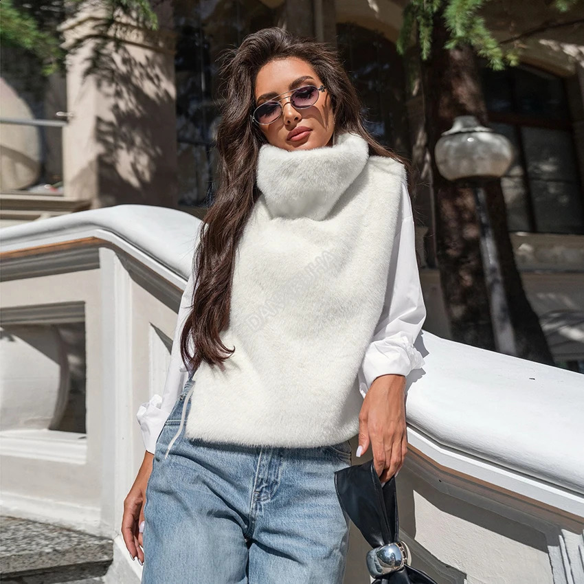 DANXRUHA 2026 Fashion Women's Faux Fur Coat Artificial Sable Vest Autumn Winter Turtleneck Eco Mink Tank Tops Sleeveless 260917