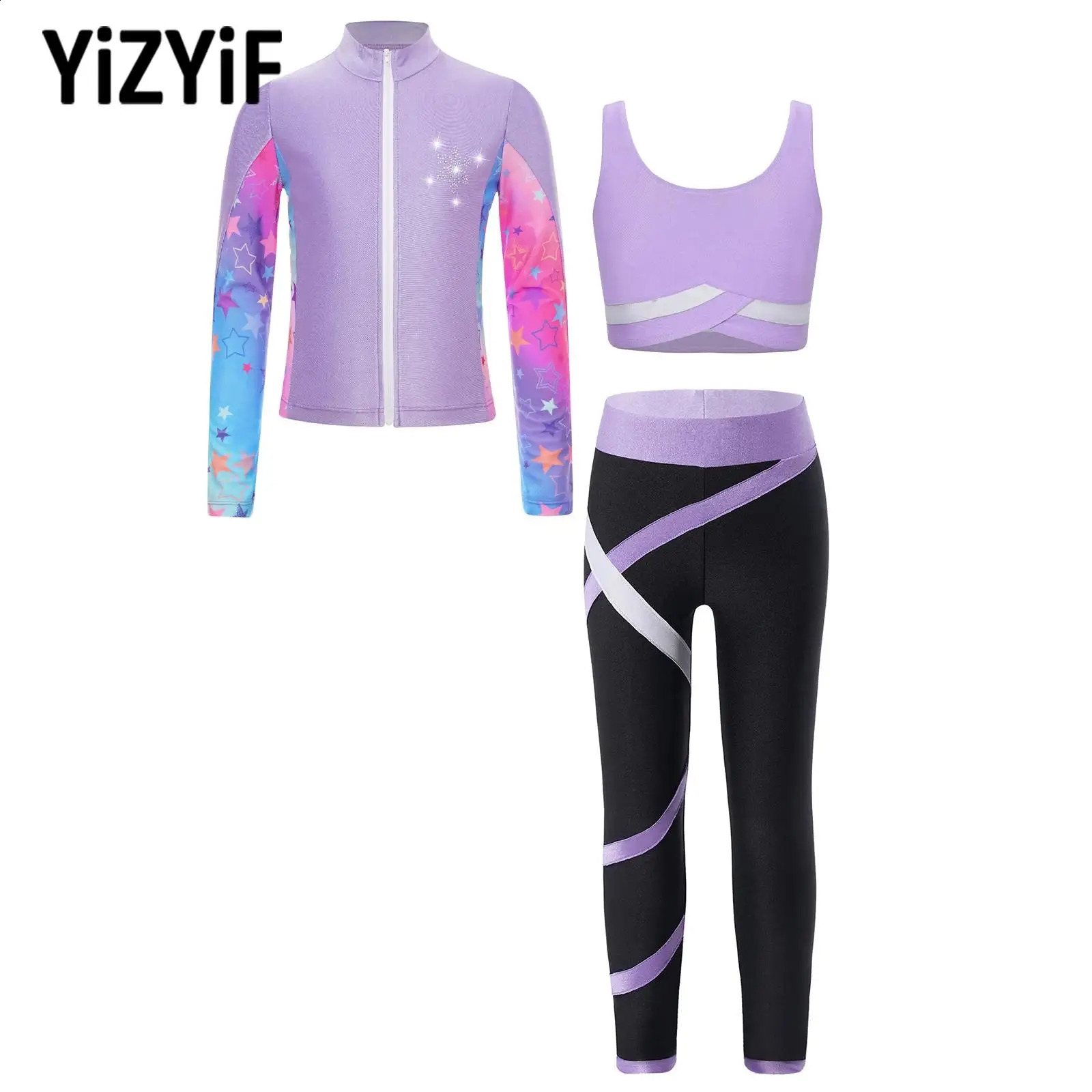 3Pcs Kids Girls Skating Athletic Fitness Workout Tracksuit Sleeveless Vest Top Pants with Long Sleeve Zipper Sweatshirt Gym Set 260916