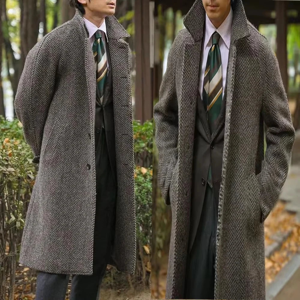 Wool Blend Thick Men's Long Coat Jacket Italian Herringbone Overcoat Wedding Part Prom Dinner Work Travel Dinner Banquet 260916