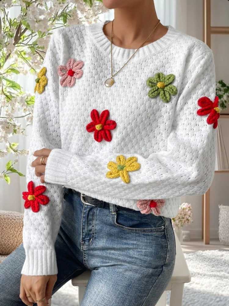 New Women's Applique Floral Embroidery Long Sleeve Sweater Pullover Elegant Round Neck Solid Color Tops Autumn Winter Promotion X260916