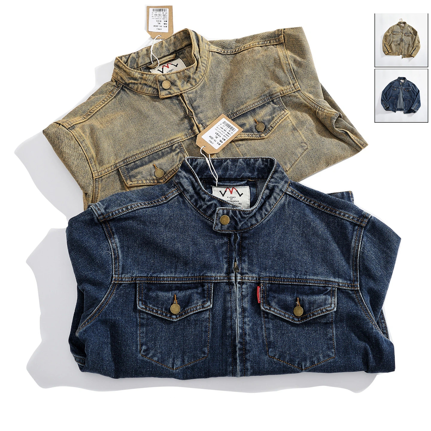Autumn New Yellow Mud Dyed Old American Retro Motorcycle Stand Collar Denim Jacket Men's Fashion 90% Cotton Washed Casual Coat 26Y0917