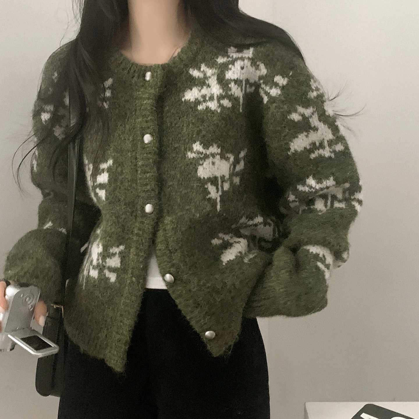SUCHCUTE Women Print Crew Neck Sweater Cardigan Y2k Casual Long Sleeve Knit Outerwear All Match Winter Fall Outfit Harajuku Chic S260917IR2X