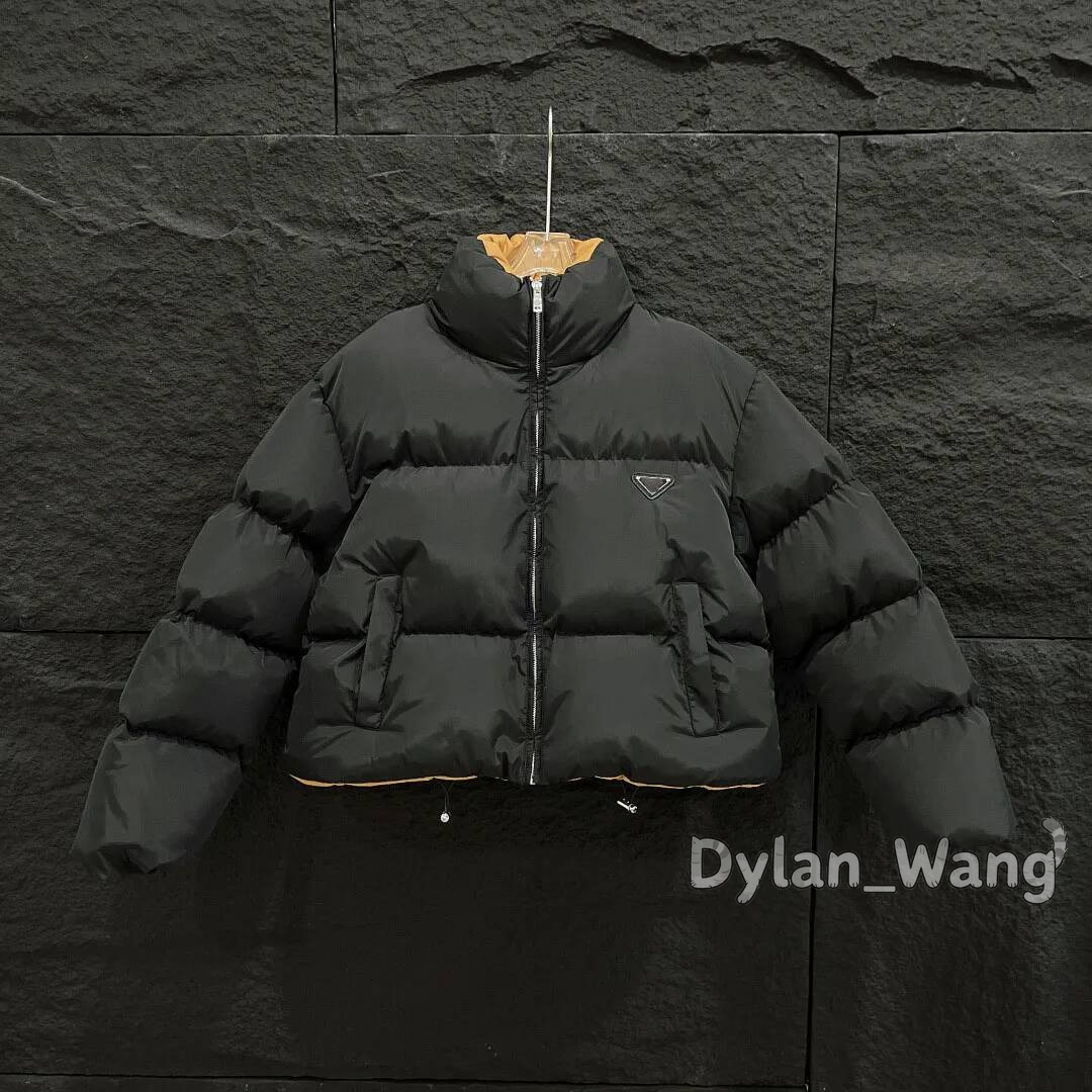Triangle Stand Collar Cropped Puffer Jacket Yellow Contrast Lining Triangle Logo Zip Front Pockets Drawstring Hem Warm Padded Coat for Women Winter