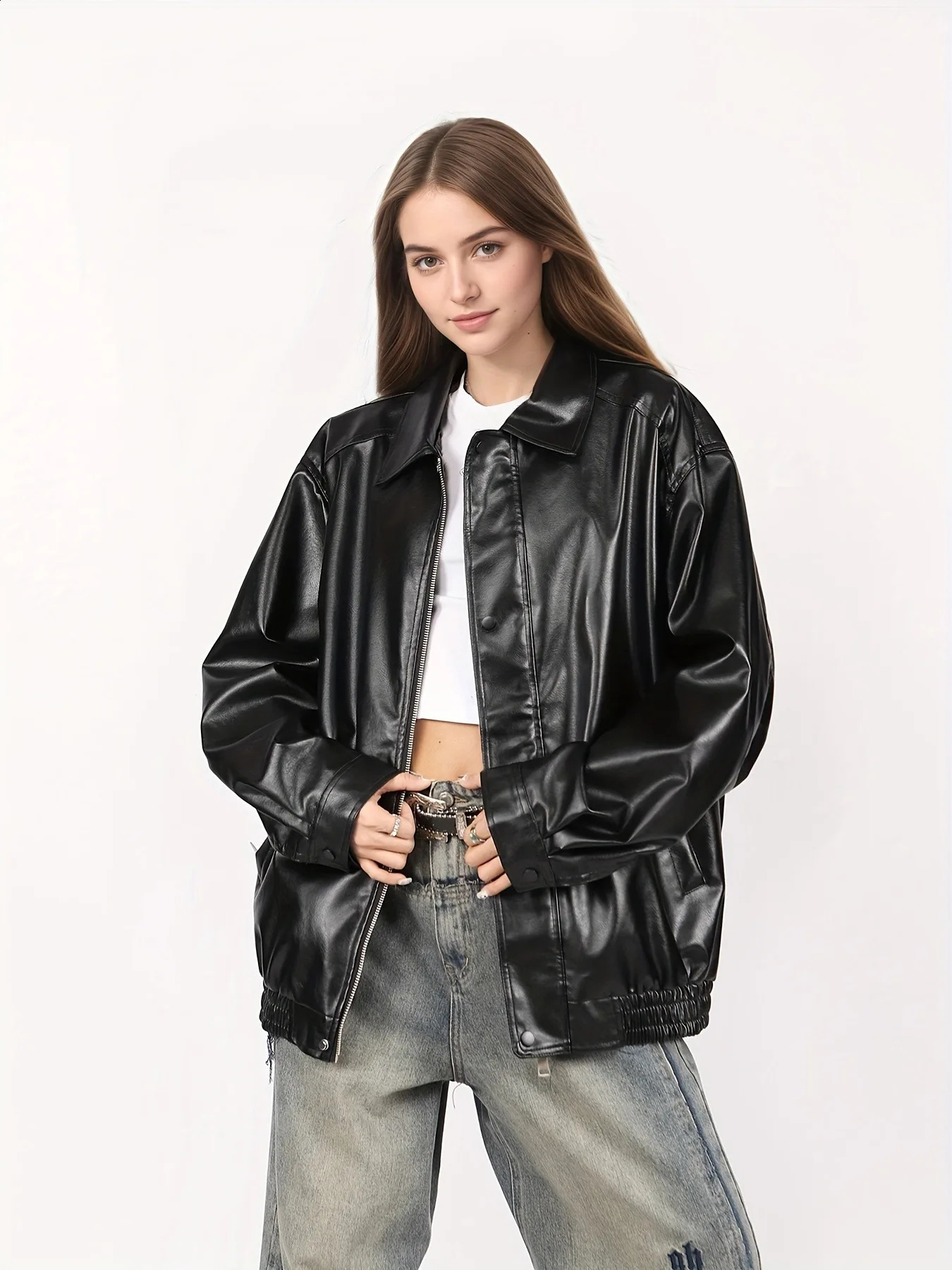 Women's Leather Jacket Autumn Cotton Clip Motorcycle Lapel American Retro PU Loose Casual Trendy Outerwear 260916