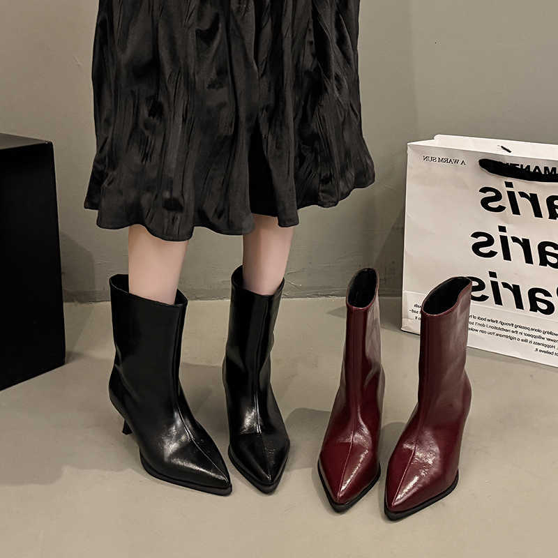 Patent Leather High-Top Long Burgundy Boots For Women Wine Red Pointed Toe SlipBotas Largas De Mujer Kitten Low Heels Mature D260917