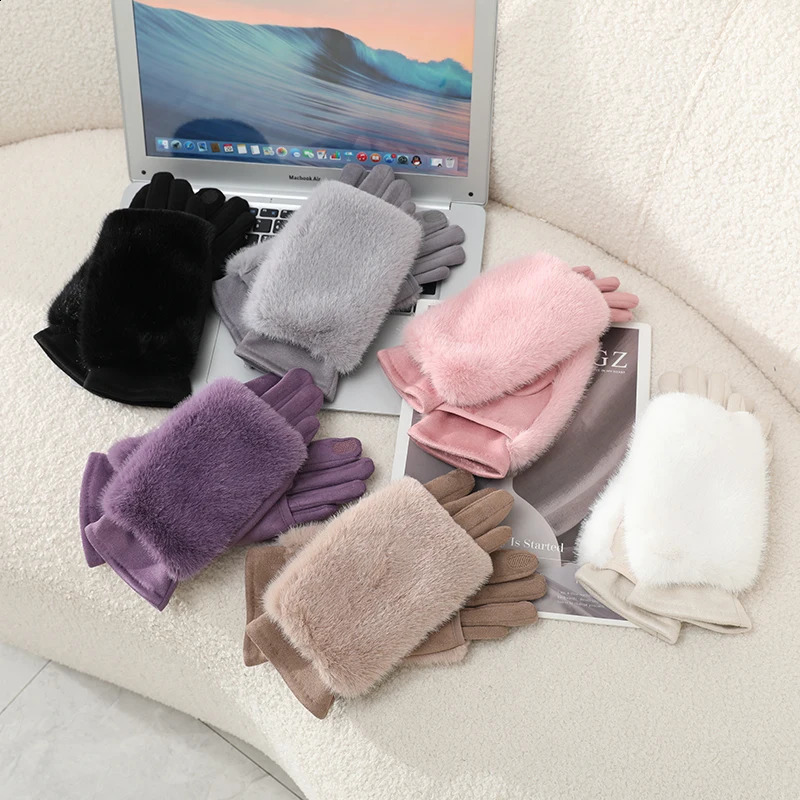 Gloves suitable for girls in winter warm windproof cold-resistant plush combination gloves touch screen compatible solid color model 260915