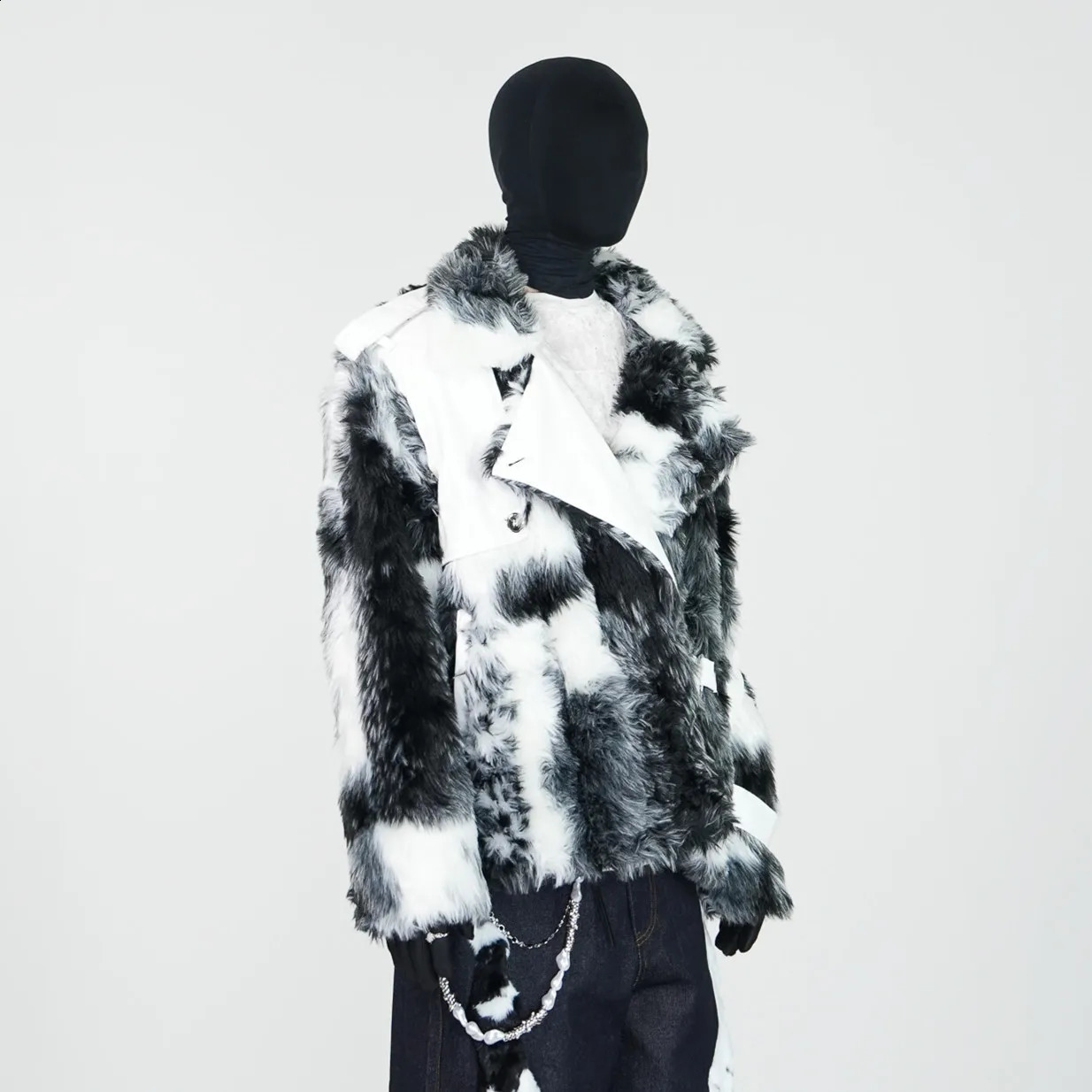 2025 Ink Tiedyeing Vintage Punk Leather Faux Fur Patchwork Winter Jacket Man Thicken Warm Plush Coat 260917