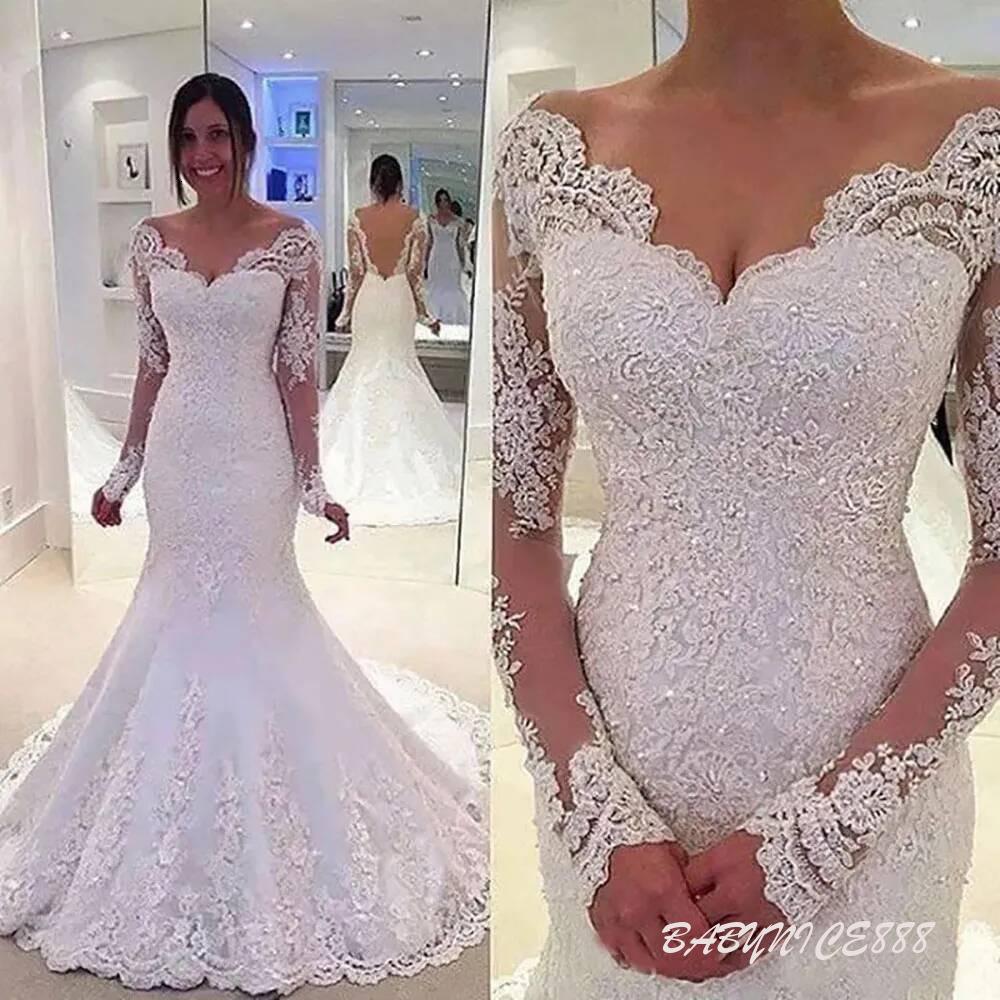 Mermaid Dresses With Lace Appliques Backless Wedding Gowns Beaded Long Sleeves Bride Dress Off Shoulder