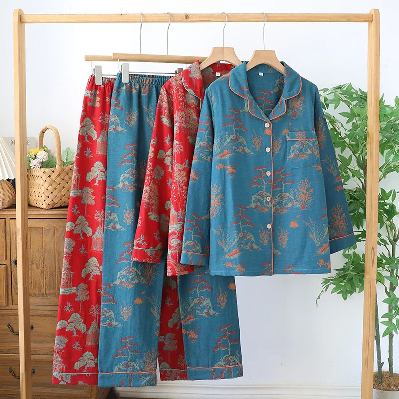 2026 Spring And Autumn Women's Pajama Set 100% Cotton Retro Color Woven Home Clothes Long Sleeve Long Pants Two Piece Set 260917
