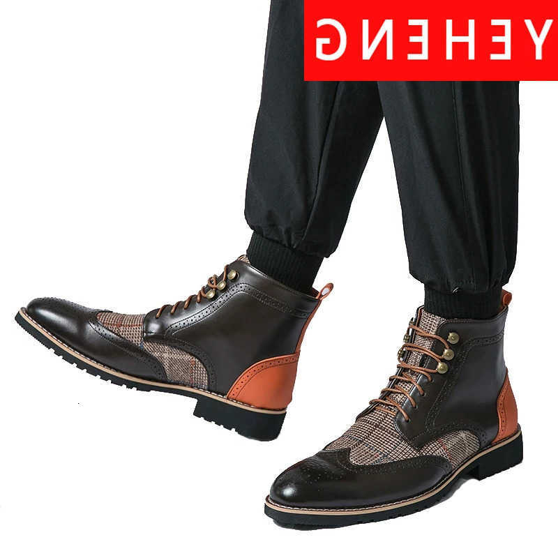 New Men's Chelsea Short 2025 Boots Brown Block Lace-up Round Toe Flock Gingham Business Vintage Casual Boots Handmade Big Size D260917