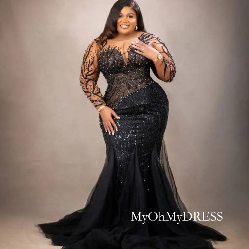 2026 Arabic Aso Ebi Plus Size Black Mermaid Prom Dress Lace Beaded Evening Formal Party Second Reception 50Th Birthday Engagement Thanksgiving Gowns
