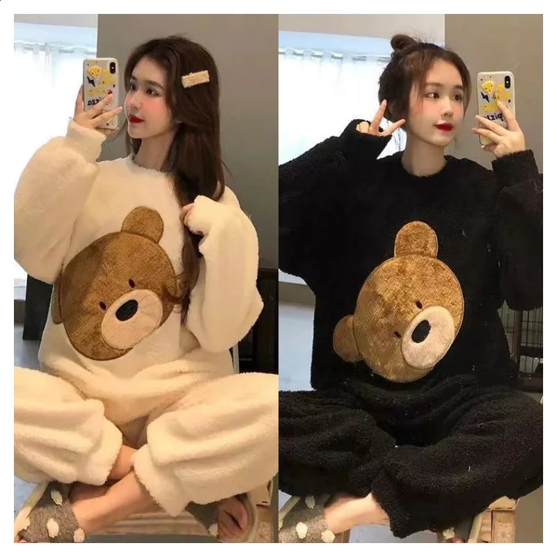 Women Autumn Winter Two Pieces Sets Warm Flannel Homewear Thickened Trousers Long-sleeved Pajama Coral O-neck Loose Cute Cartoon 260916