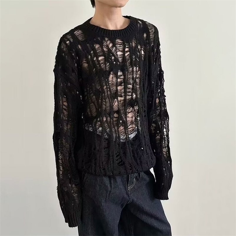 Vintage Ripped Hollow Out Mesh Knit Sweater Men Autumn Streetwear Fashion Crew Neck Long Sleeve Knitted T Shirt Men's Clothing 260916ww