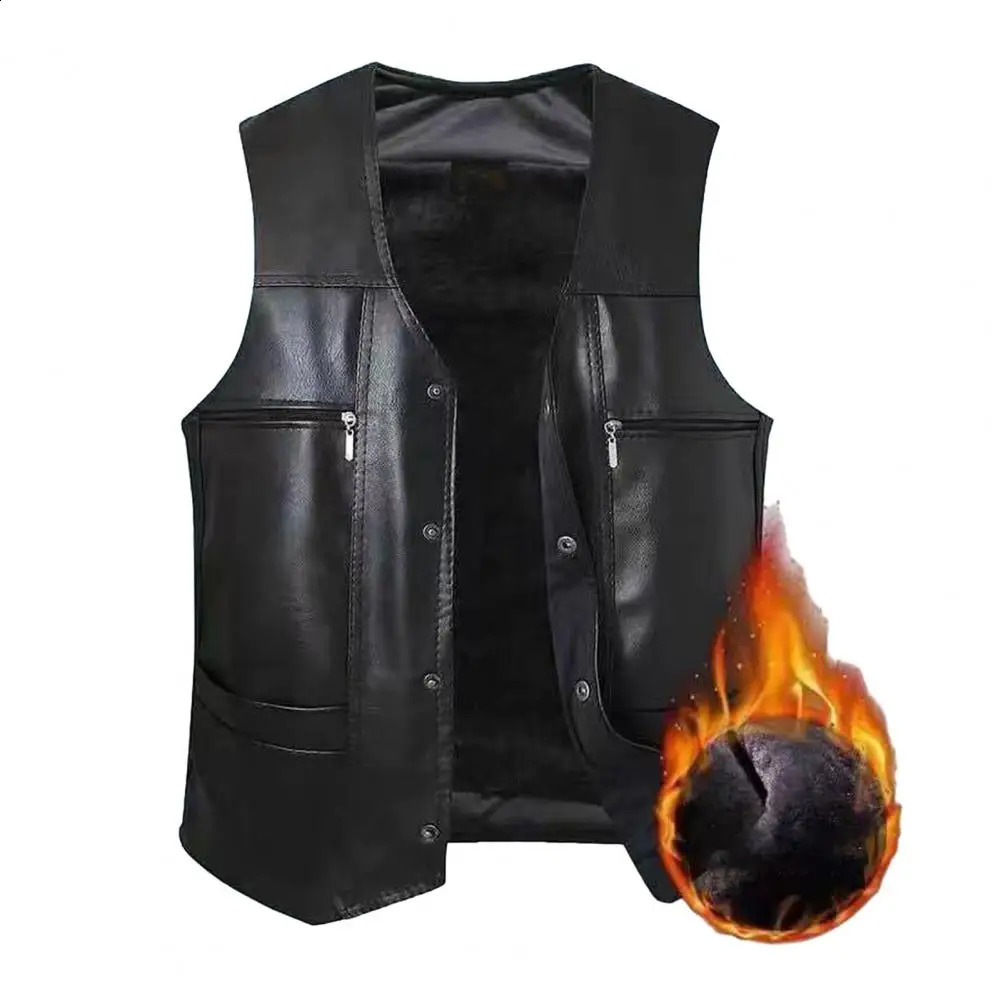 Men Sports Vest Men Faux Leather Vest Stylish Mid-aged Men's Faux Leather V Neck Vest with Plush Lining Multiple for Fall 260917