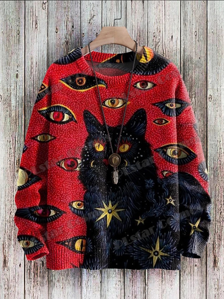 Retro Black Cat Eyes Art Pattern 3D Printed Men's Crewneck Knitted Pullover Winter Unisex Casual Knit Pullover Sweater ZZM 260916