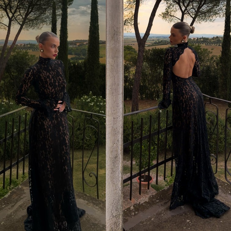 Vintage Black Lace Mermaid Evening Dress High Neck Long Flare Sleeve Open Back Formal Party Gown Floor Length Women Special Occasion Prom Dress Cust