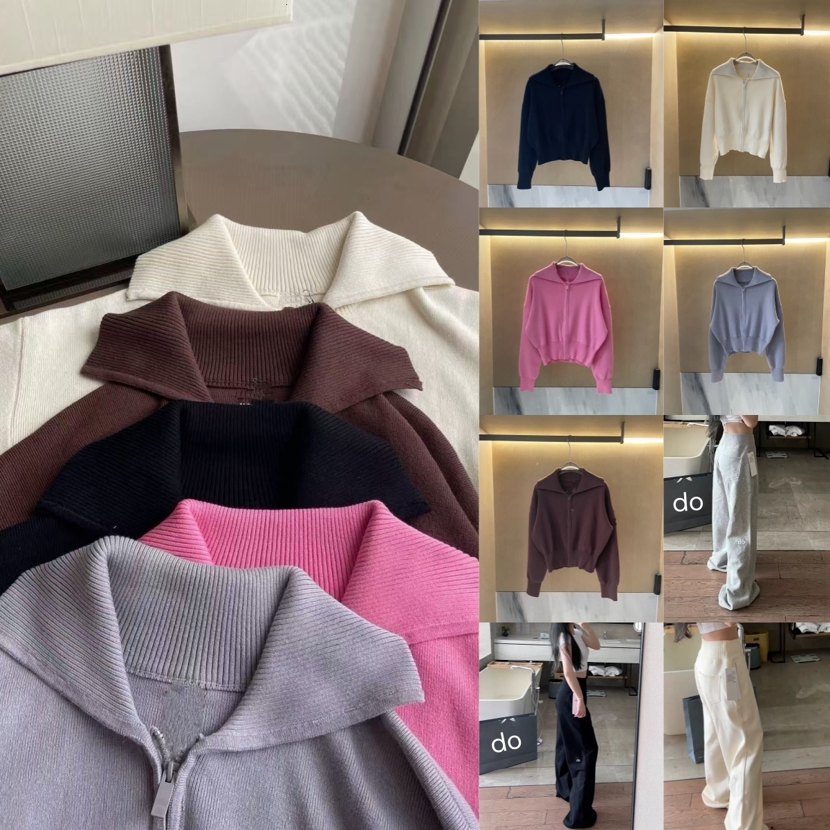 Women Knit Set Yoga Cardigan Wide Leg Sweatpants Designer Cropped Full Zip Jacket Ribbed Sweater Winter Gym Outfit Shaping Waist Tracksuit Lounge Ac