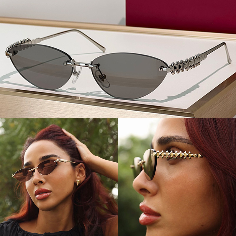 Frameless Metal Sunglasses CT0543S Fashion womens designer cat eye gray lens Studs clous carres temple Modern elegant style Beach party banquet sunn