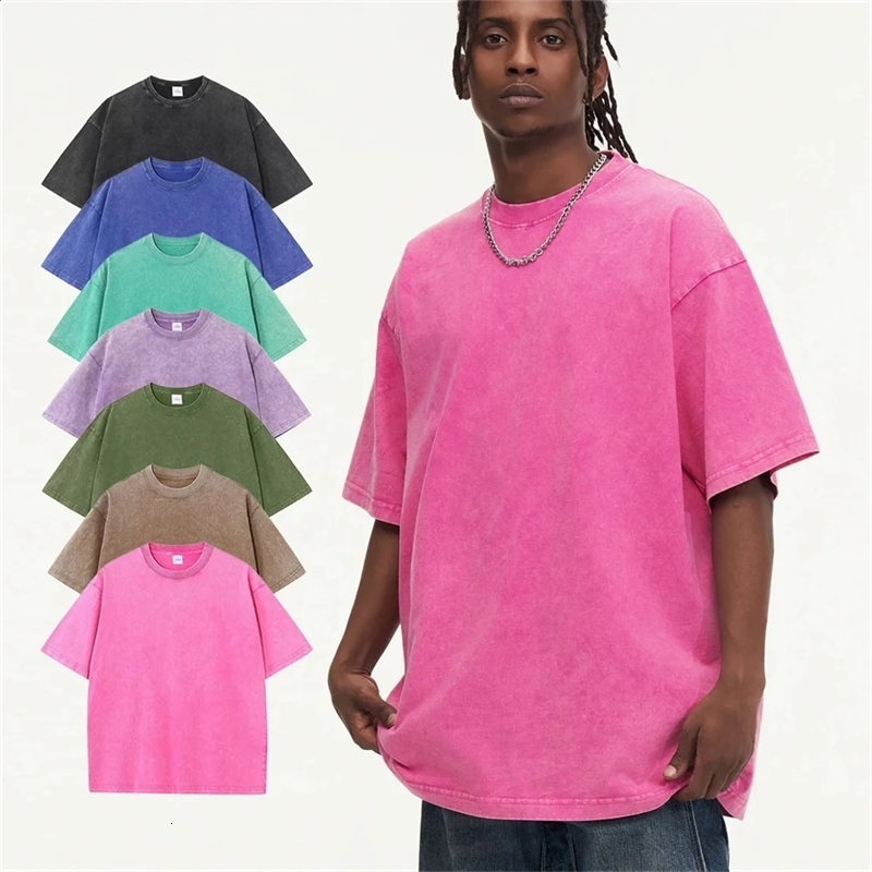 230G Cotton Retro Tshirt Dropshoulder Sleeve Men Women Vintage Shortsleeve T Shirts Solid Color Hip Hop Loose Tees y260702banjia