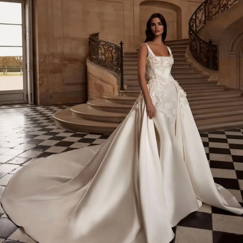 Beauty Embroidery Lace Square Collar 2 In 1 Mermaid Wedding Dresses With Removable Train Luxury Bridal Gowns