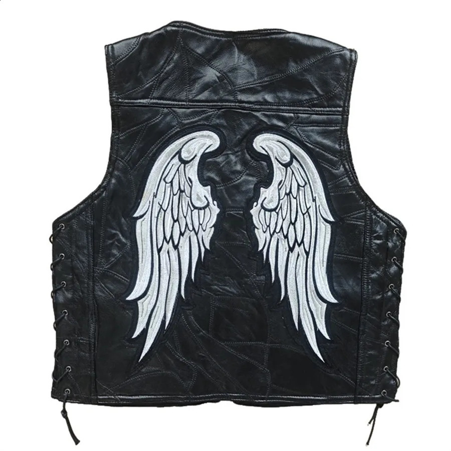 Men Motorcycle Genuine Leather Vests Angles Wings Embroidered Waistcoat Laceup Biker Sleeveless Jackets Cosplay Costume 260917