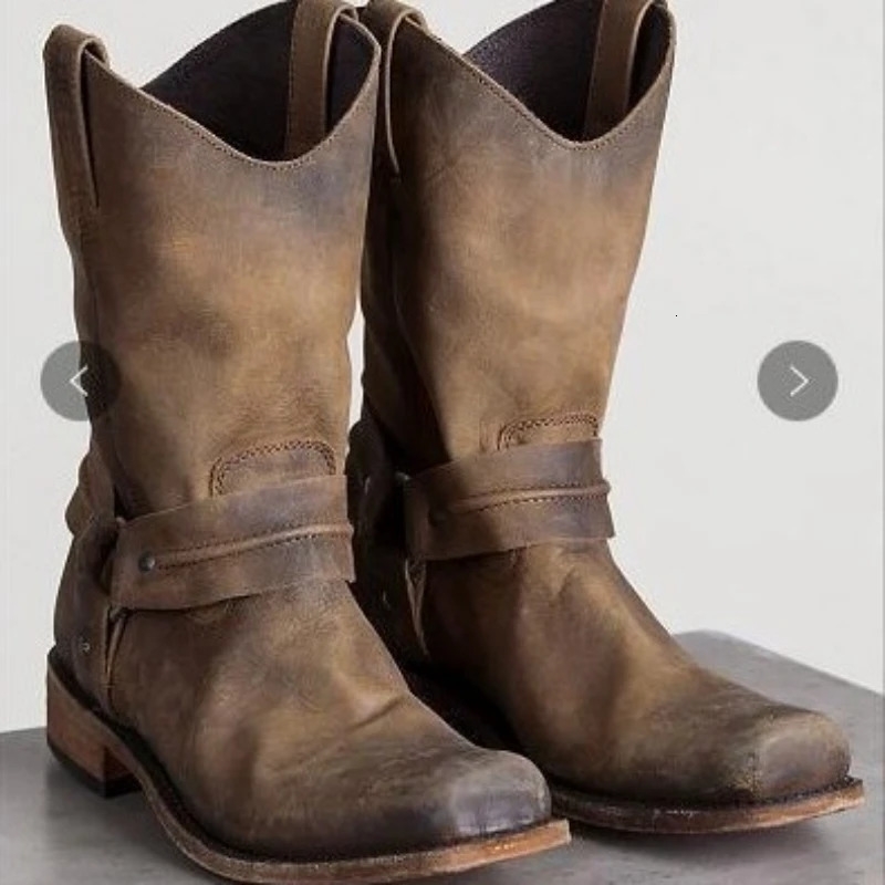 Retro Cowboy Boots Women Men Mid Calf Outdoor Boots Vintage PU Slip on Shoes Winter Gladiator Booties Unisex Brown Long Boots 260916