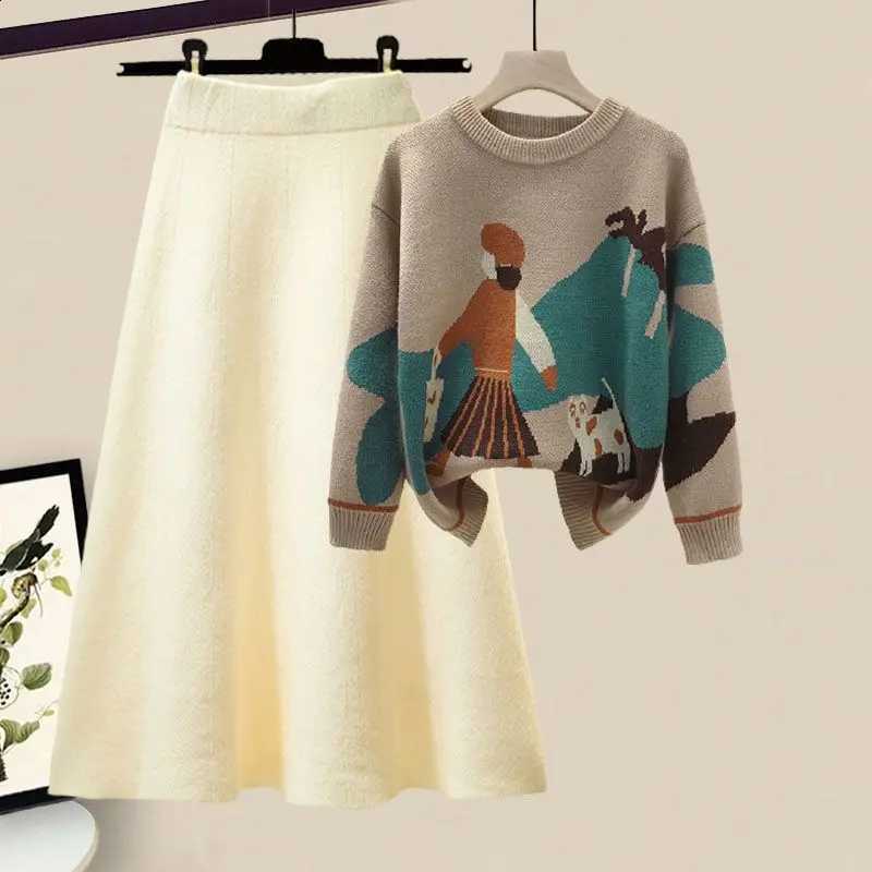 Cartoon New 2024 Printed Winter Knitted Sweater Pullover Slim Fit Knitted Skirt Two Piece Elegant Women's Party DressW260915