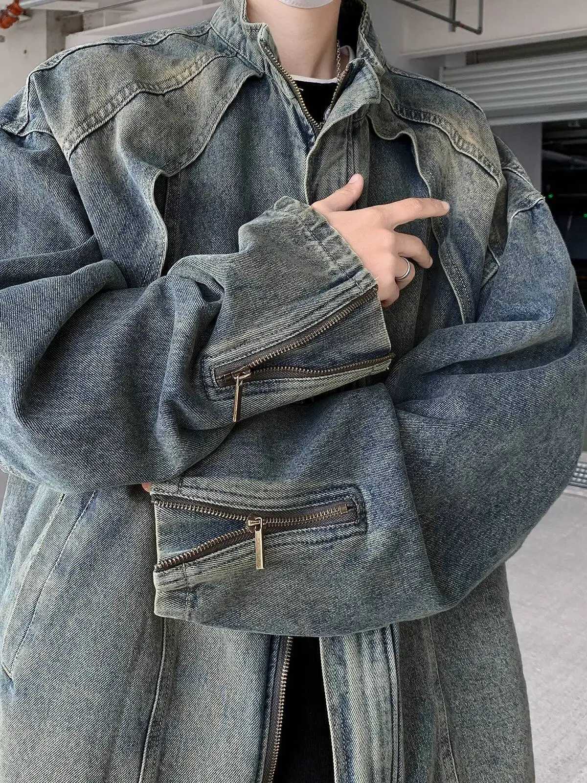 Man Denim Jacket 2026 New Men Heavyweight Deconstructed Denim Jacket Loose Fit American Retro Stand Collar Zip Up Outerwear Coat S26091737P3