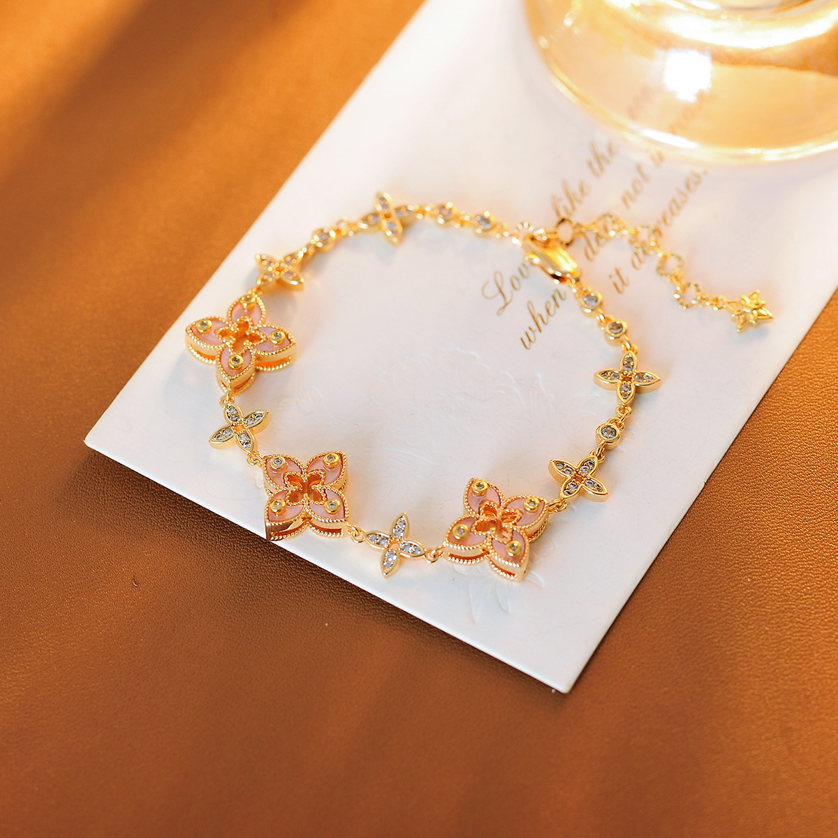 gold plated pink mother of pearl four leaf clover jewelry set for women crystal inlaid bracelet dangle earring set vintage wedding party gift