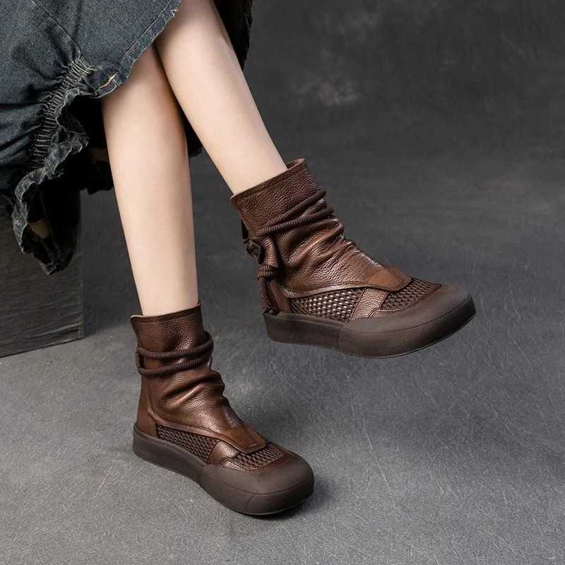 2025 New Summer Woman Hollow Breathable Ankle Boots Genuine Leather Back Zipper Roman Sandals Thick Sole Women's Shoes D260917