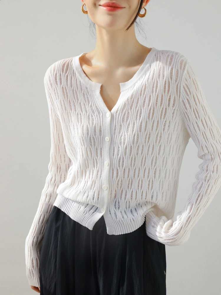 New 2026 Spring Summer Hollow Out Ice Silk Linen Women Cardigan Scallop O-Neck Long Sleeve Knit Cover Up Coat Solid Sweater J260916