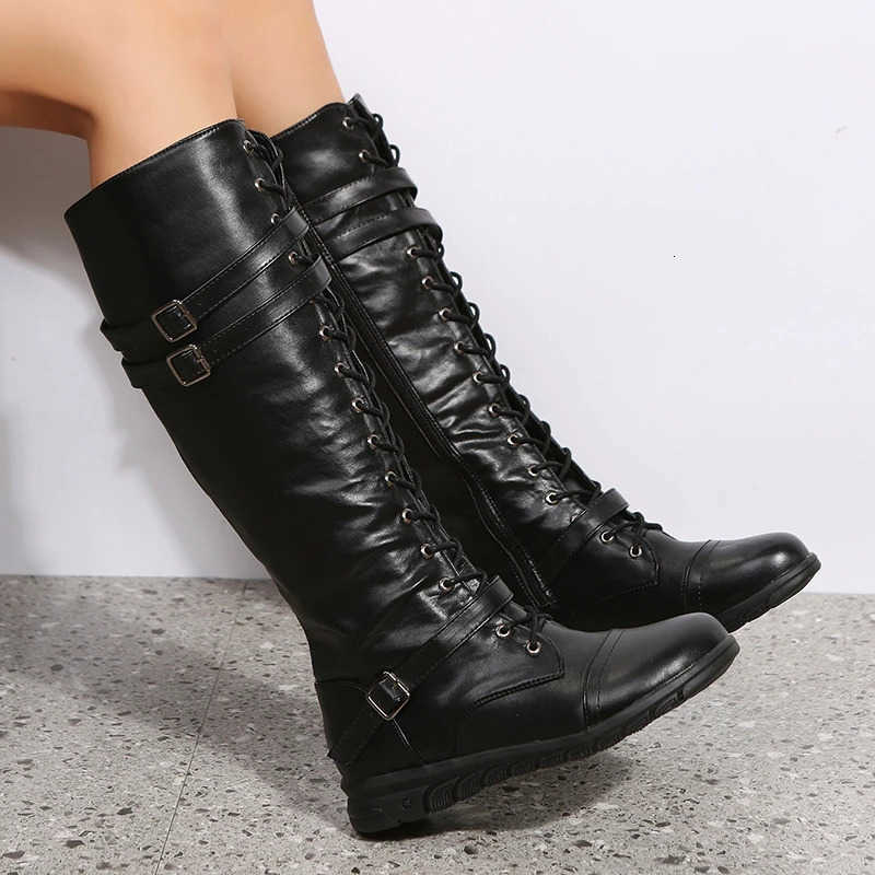 Combat Winter Boots for Women Knee High Long Leather Platform Shoes Black Gothic New Rock Punk Solid Women's Boots D260917