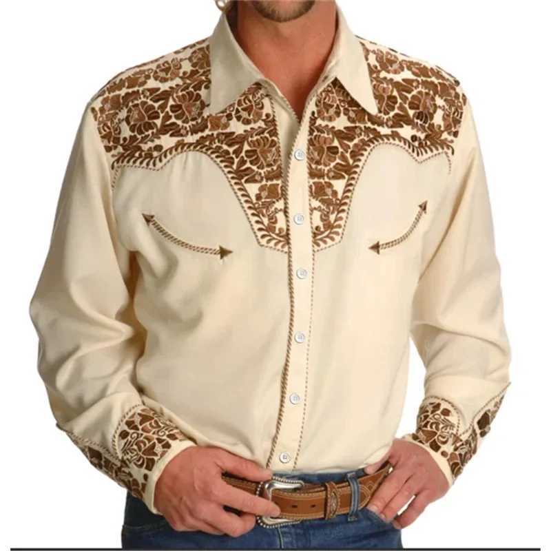 Men's Western Shirt Vintage Pattern Lapel Long Sve Button Print Top Fashion Streetwear Designer Western Style Q260917