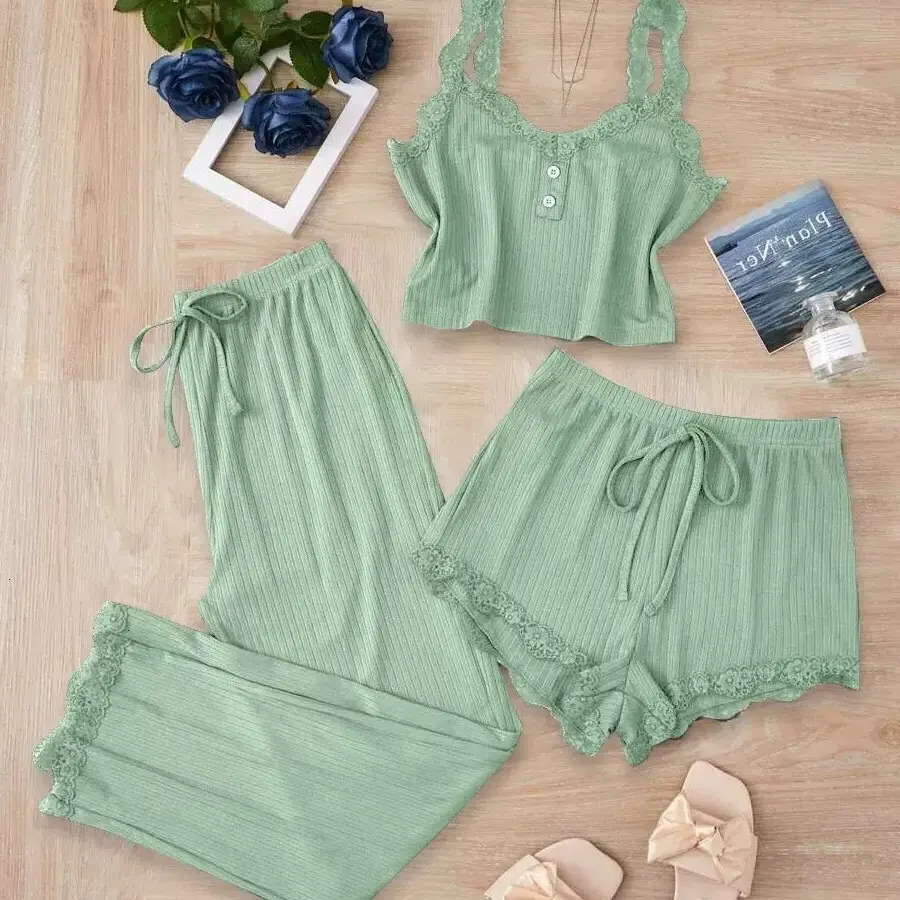 Women Pajamas Luxury Brand Designer Womens Lace loungewear Trim Ribbed 3 Piece Pajama Set Cami Top Shorts Pants Casual Loungewear Daily Wear Chic St