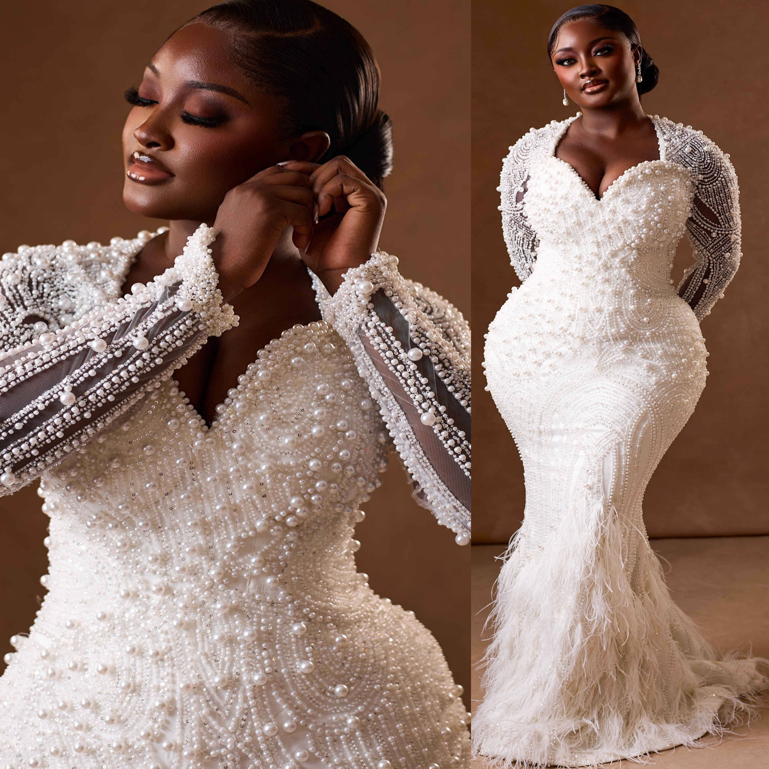 Chic Vintage-Inspired Ivory Mermaid Wedding Dresses Pearls Feather Beaded Lace Full Sleeves Luxurious Sequined Vintage Elegant Charming Bridal Gowns