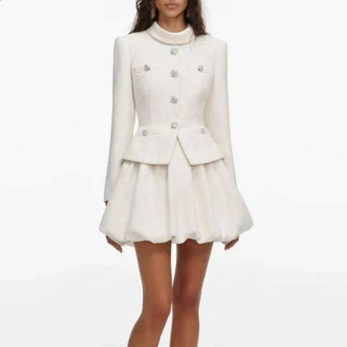 Fall Women 2026 Tweed Dress Elegant Diamond Buttons Stand Collar Long Sleeved Flower Bud Short Robe Female Vintage Style C260917