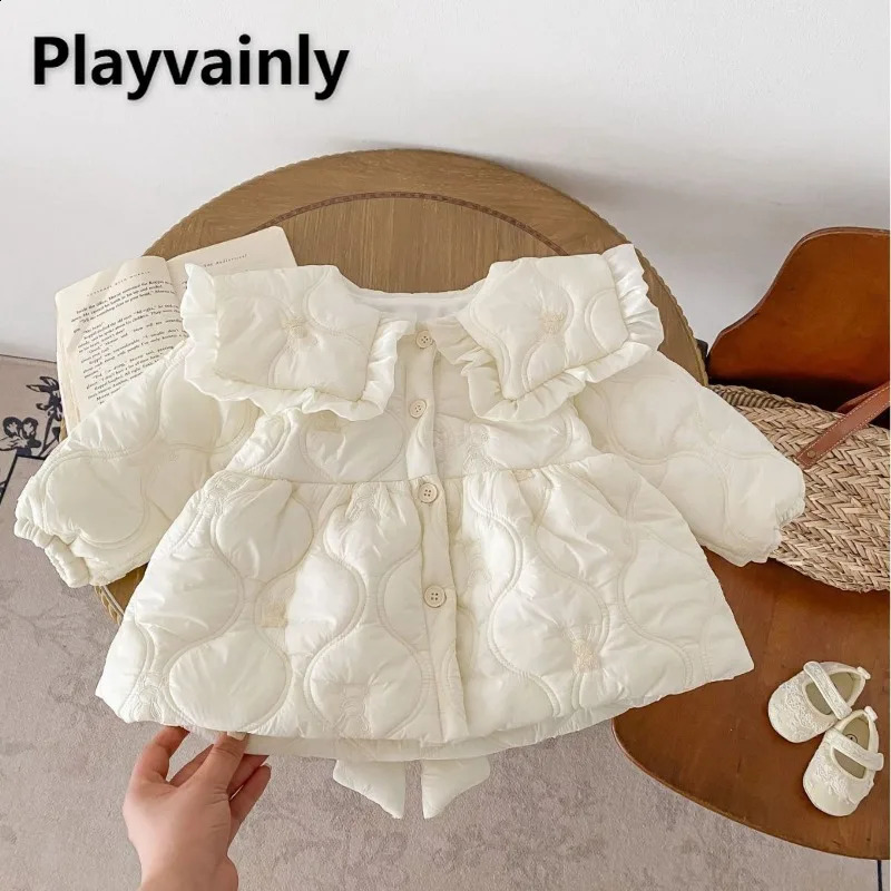 2026 Girls Winter Padded Jacket Light Beige Lace Large Lapel Bow Fleece Lined Warm Coat Fashion Thickened Kids Clothes Z531260916