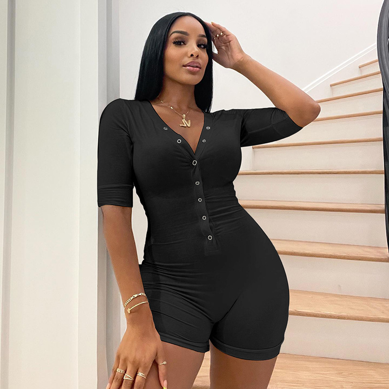 street fashion casual women's European and American solid color basic slim-fit V-neck single-breasted mid-sleeve jumpsuit aa