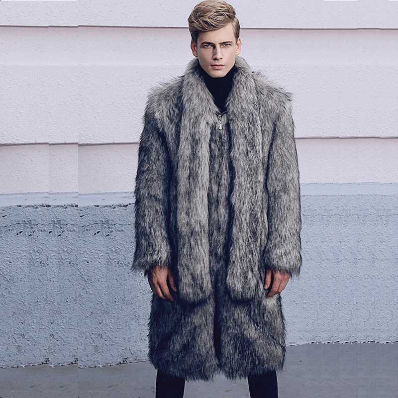 Down Collar Faux Fur Turn Spliced Solid Men Coats Cardigan Loose Fit Jacket Slight Strech 2025 High Street Autumn Pockets W260915